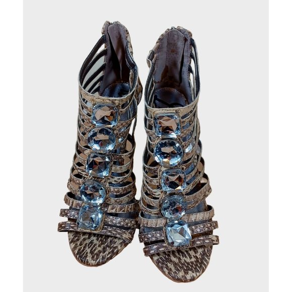 Sam Edelman Size 6.5 Leather Rhinestone Peep Toe Women's Pencil Heel - Picture 4 of 9